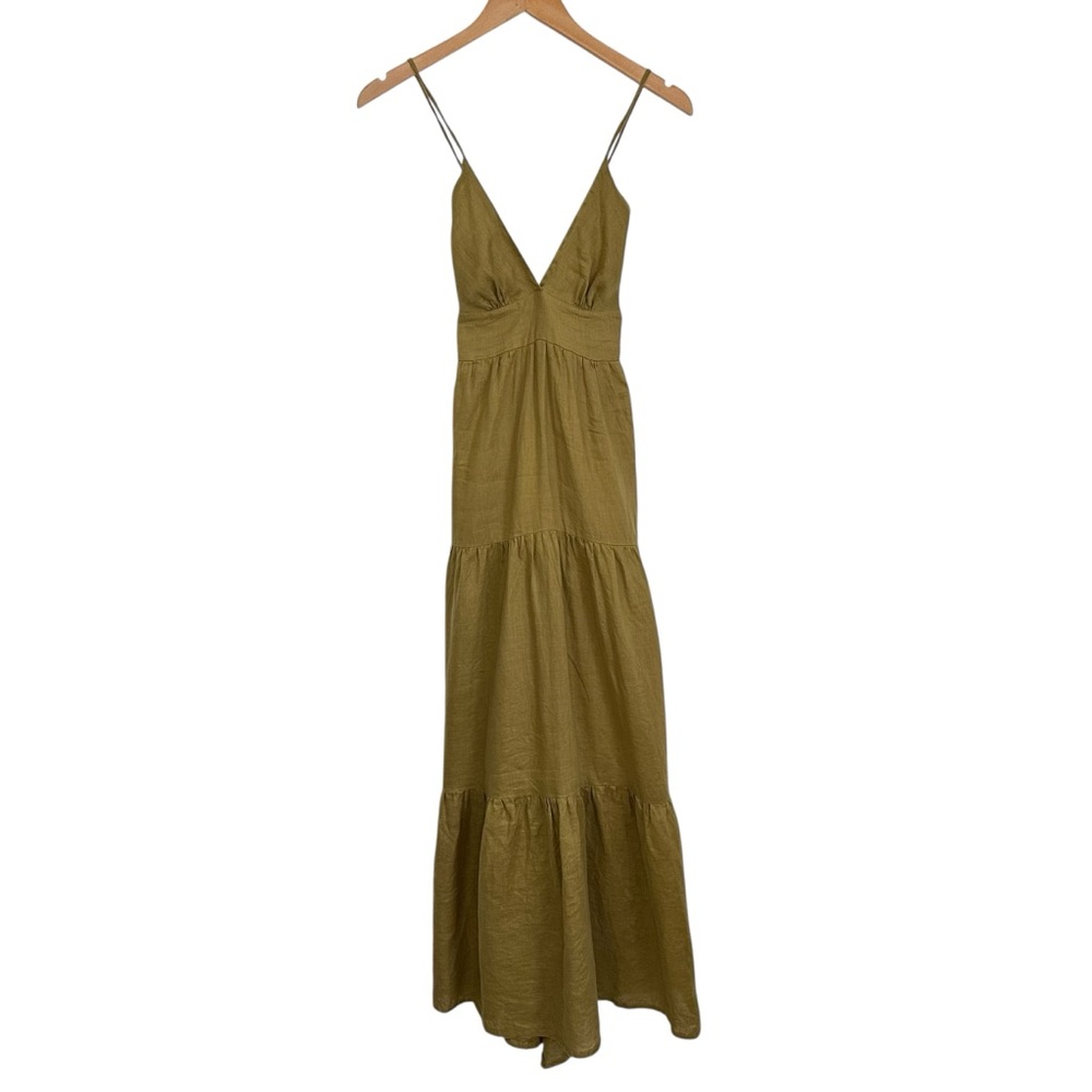 Lusana Womens Maya Linen Tiered Maxi Dress Sz  XS Green Sleeveless V Neck